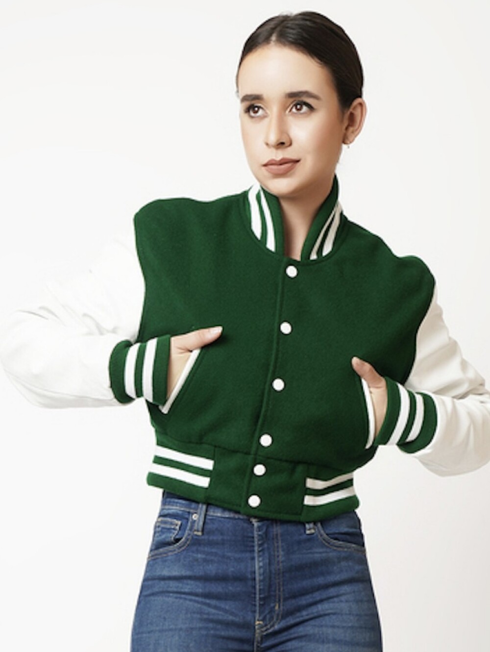 Cult Favorite Basic Green and White Varsity Jacket with Striped Trim